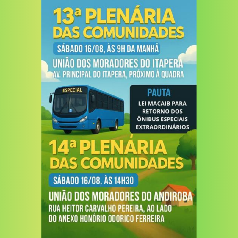 🚍ZONA RURAL DE SÃO LUÍS RECEBE DUAS PLENÁRIAS DAS COMUNIDADES, NESTE SÁBADO(16): A 13ª NO ITAPERA E A 14ª NO ANDIROBA.
